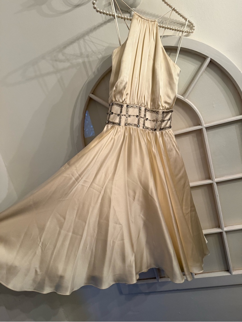 Marc Bouwer Glamit 100% Silk Beaded Halter Dress Cream Champagne Size 4